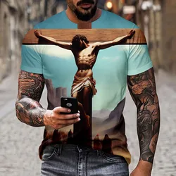 Men's T-shirt 3D cross print Jesus Christian novel and innovative comfortable short sleeved fashionable street clothing