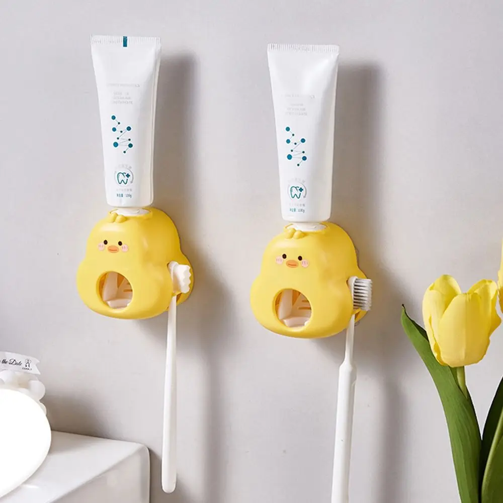 Wall Mount Toothpaste Dispenser Plastics Automatic Toothbrush Holder Yellow Duck No Punching Toothpaste Squeezer Bathroom