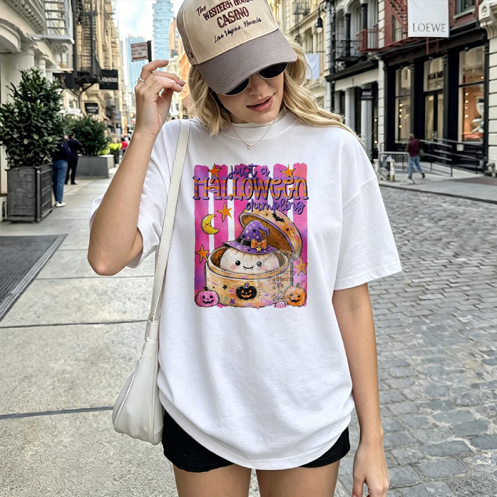 Just A Halloween Dumpling Graphic T-shirt Cute Witch Hat Dumpling Bamboo Steamer Pumpkin Moon Star Print Short Sleeve Party Tees