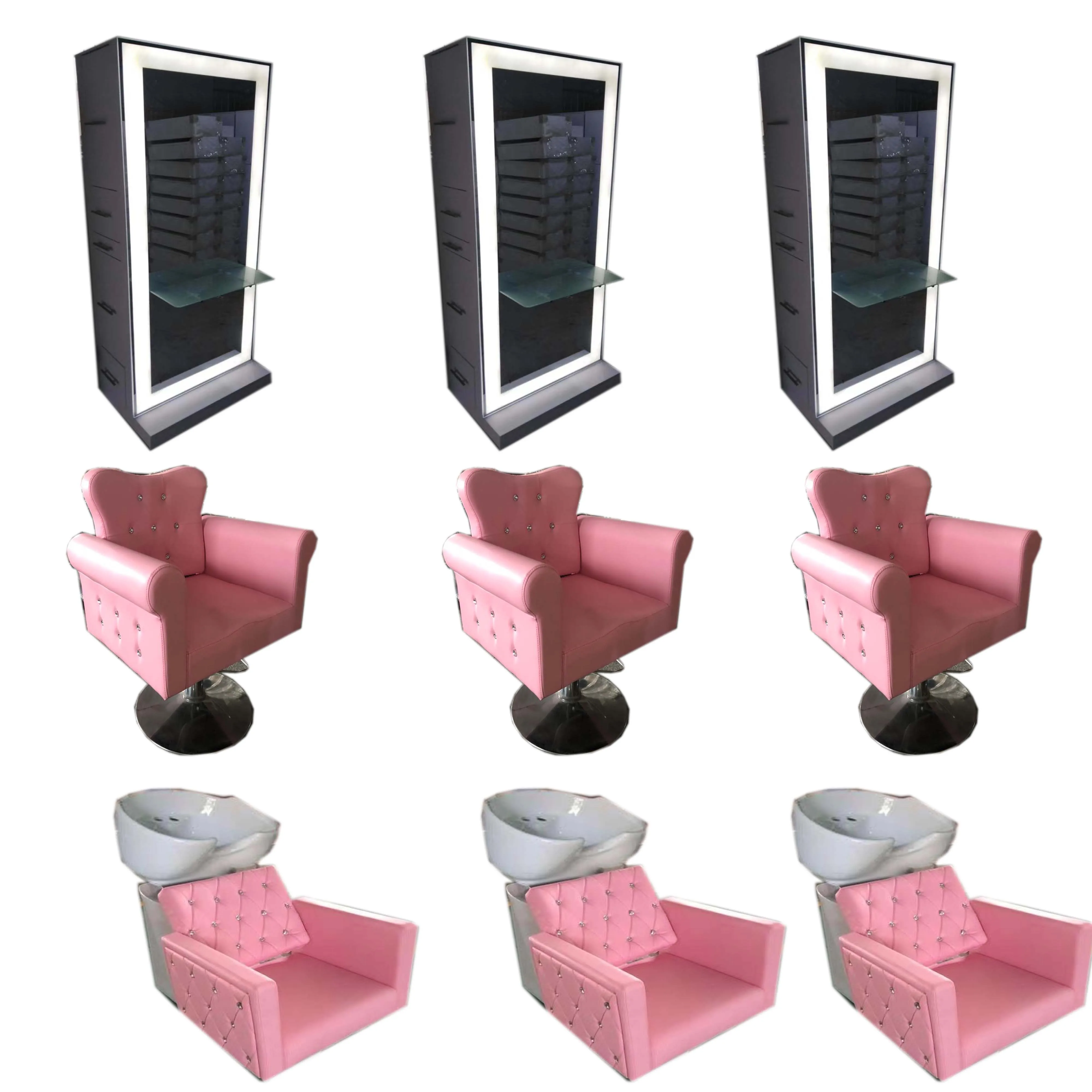 2025 Latest European Style White Mirror Station Pink Styling Chair Shampoo Chair Set 5 Years Warranty