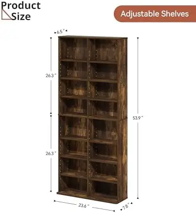 DVD Storage Tower, 16 Shelf Multimedia Storage Tower with Adjustable Shelves 8-Tier CD Cabinet for Living Room Home