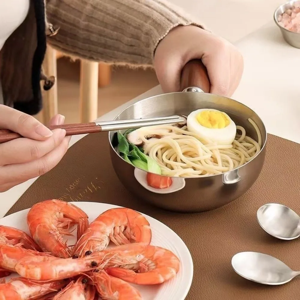 Mini Size 201 Stainless Steel Pot Portable Walnut Wood Handle Small Pot Bowl Multi-Function Heat-Resistant Salad Bowl