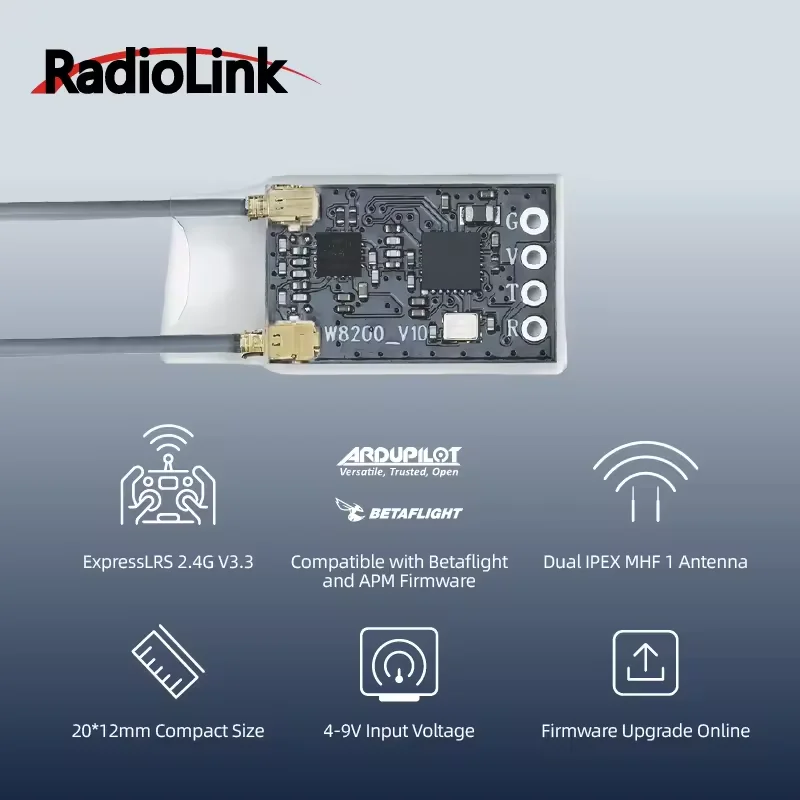 Receptor RadioLink ER16 ELRS 2.4G V3.3 de 16 Canales, Antena Dual, Largo Alcance, Alta Frecuencia, Modelo para Avión RC