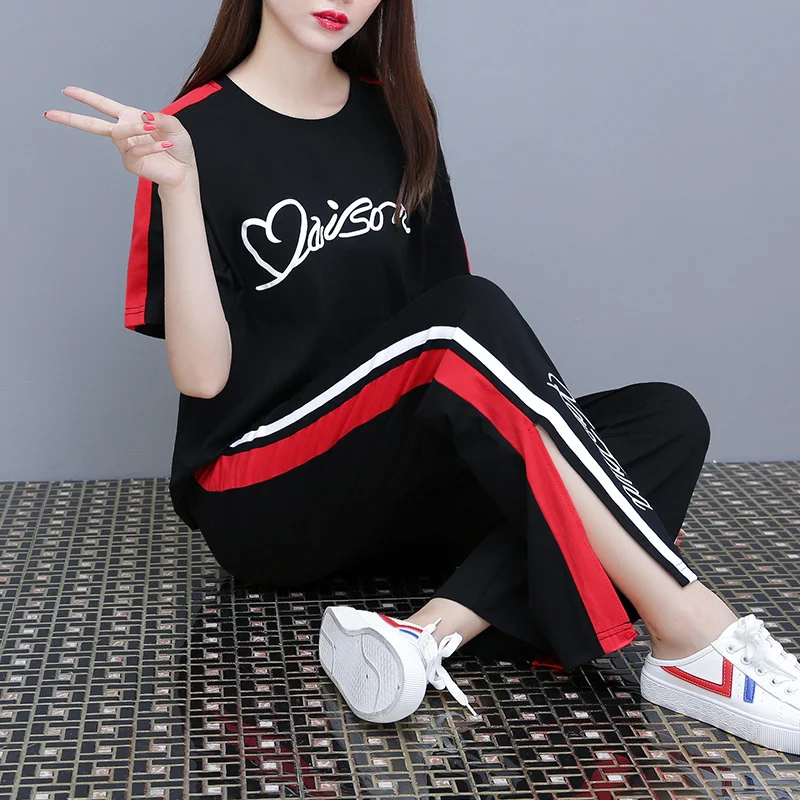 Women's Casual Sports Suit 2 Two Piece Set Summer 2022 New Korean Outfit Short Sleeve Top And Wide Leg Pants Plus Size Clothing