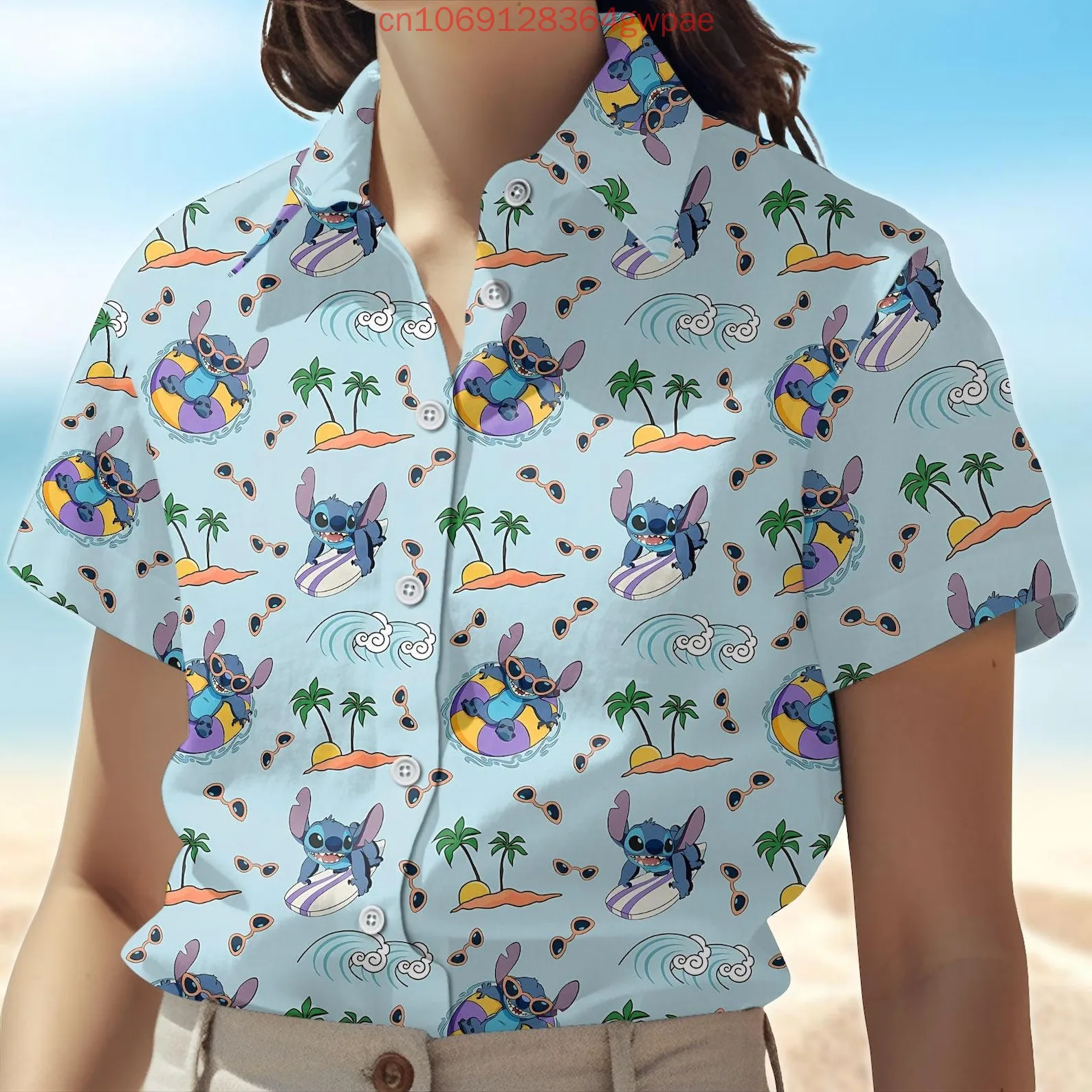

Гавайская рубашка Disney Stitch Surf, женская рубашка на пуговицах с короткими рукавами, летняя повседневная рубашка для пляжного отдыха и защиты от солнца