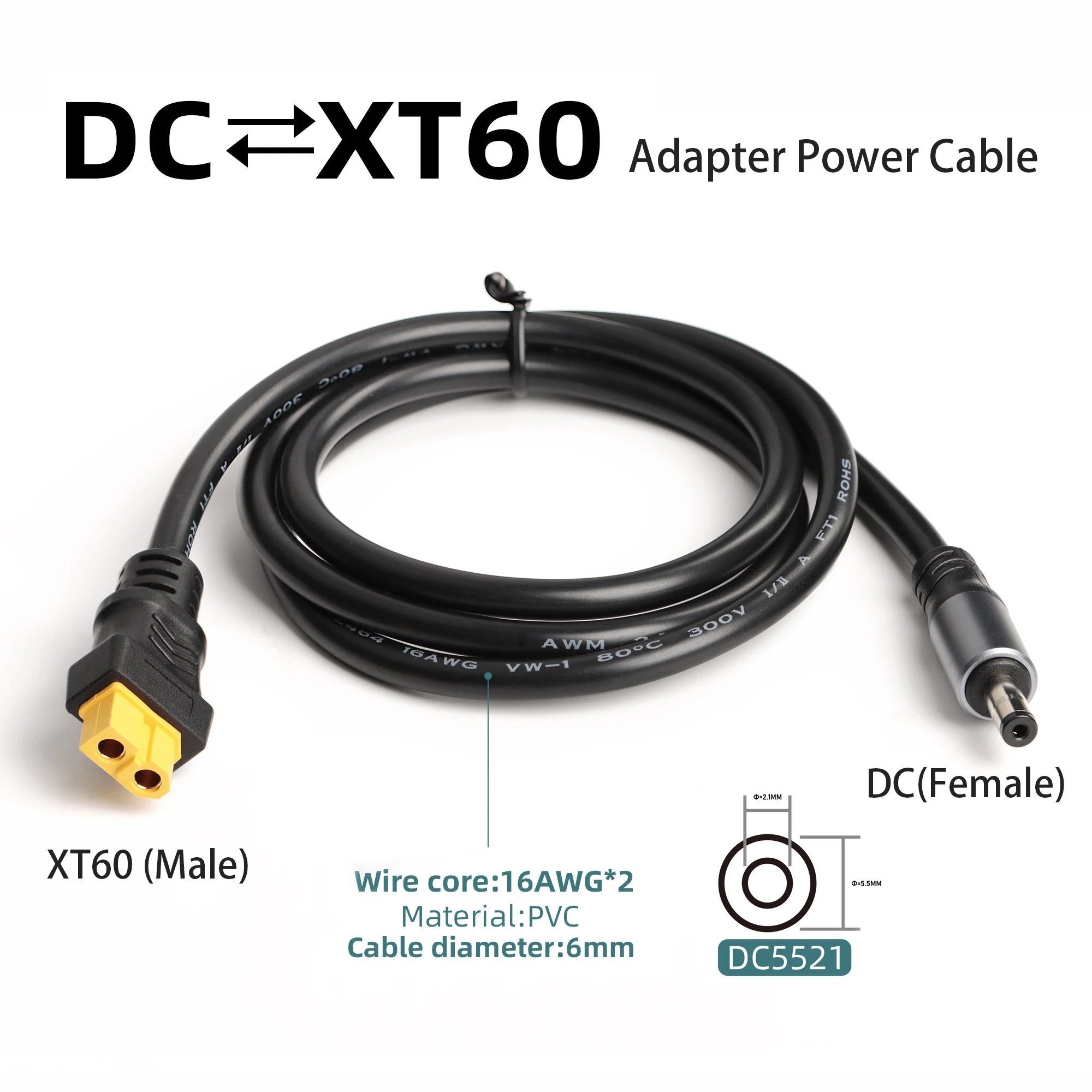 XT60 Buchse/Stecker auf DC5521 Stecker Adapter Stromkabel 16AWG Solarpanel-Anschluss Home Auto Batterie Ladeadapter