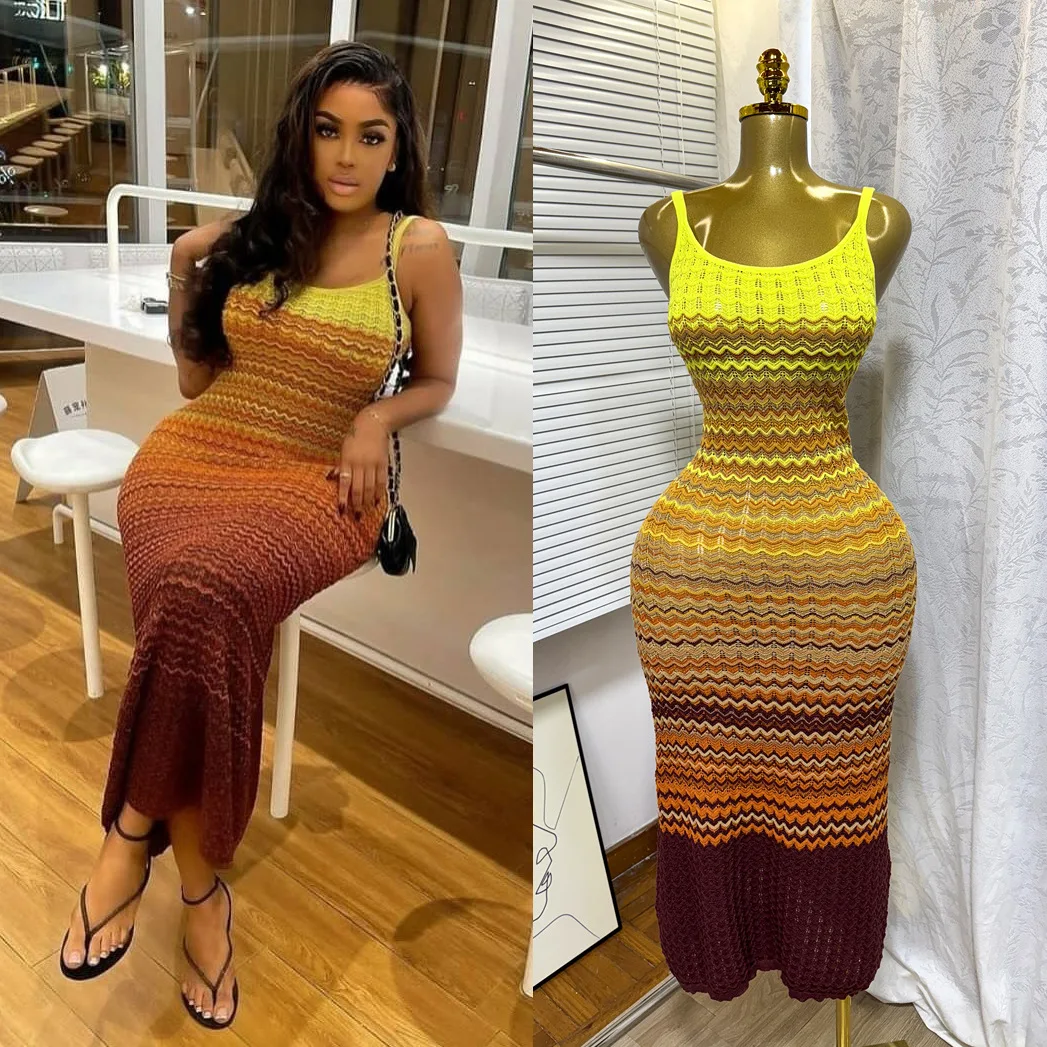 Sling Knitted Dress Women's Summer Vintage Gradient Wavy Slim-Fit Hip Dress Vestidos