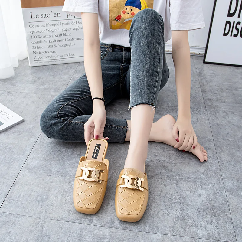 Women Baotou half slippers Summer Lightweight Soft Soled Muller Square Toe Fashion Plaid Metal Buckle Women Non Slip Slippers