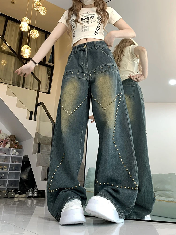 Frauen High Street Gewaschene Baggy Gerade Hosen American Vintage Chic Hohe Taille Y2K Niet Design Breite Bein Denim Hosen