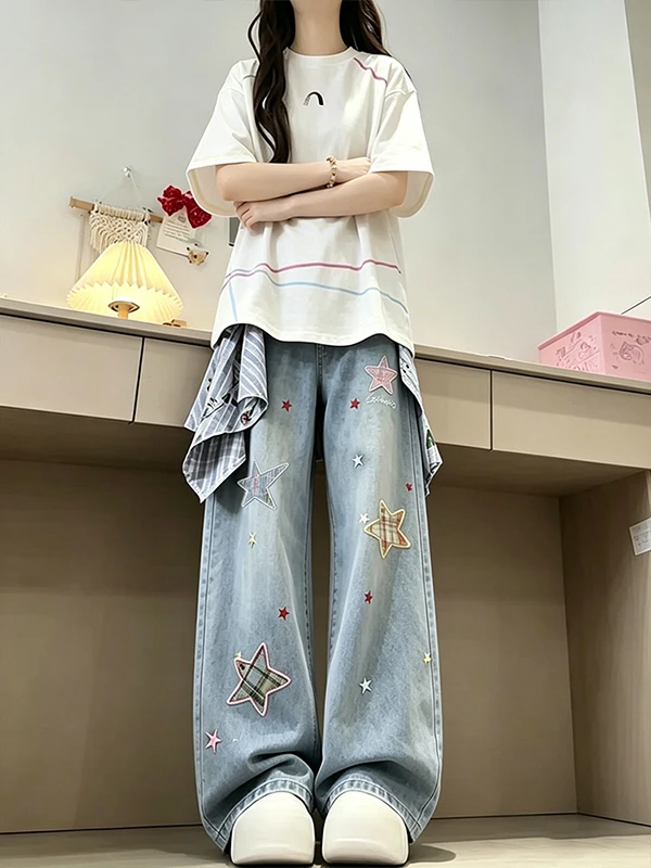 American Style Heavyweight Washed Star Patch Straight Leg Denim Jeans Women's Loose Wide Leg Long Trousers Casual High Waist