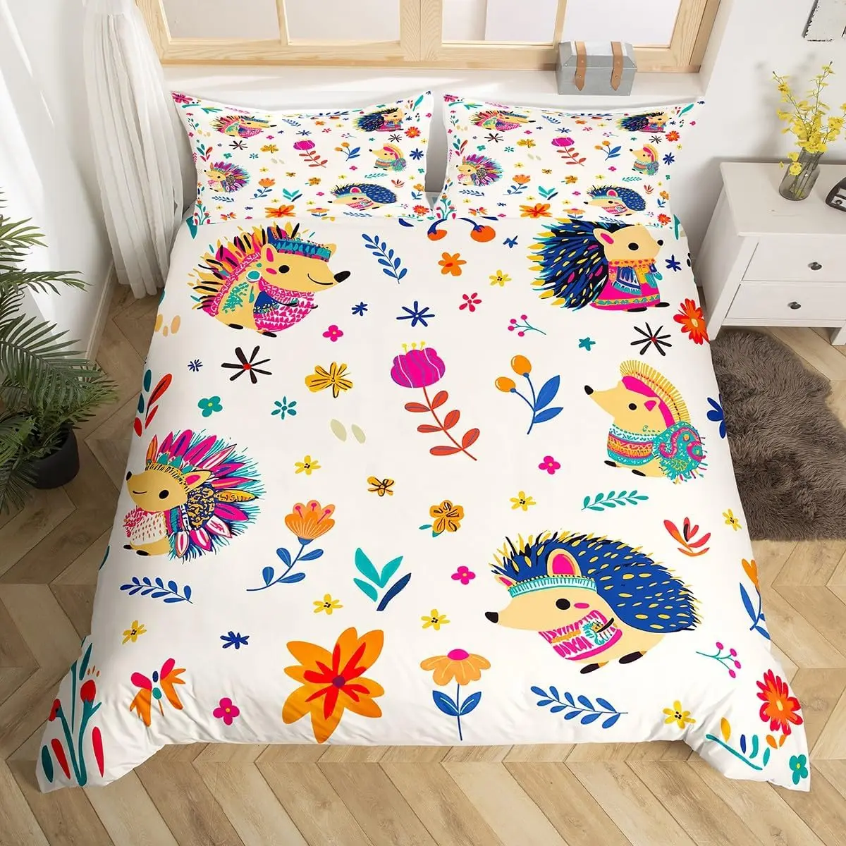 Lovely Rabbit Duvet Cover Twin King, Hippie Funky Flower Bedding Set for Boys Girls Bedroom, Funny Tribal Animal Comforter Cover