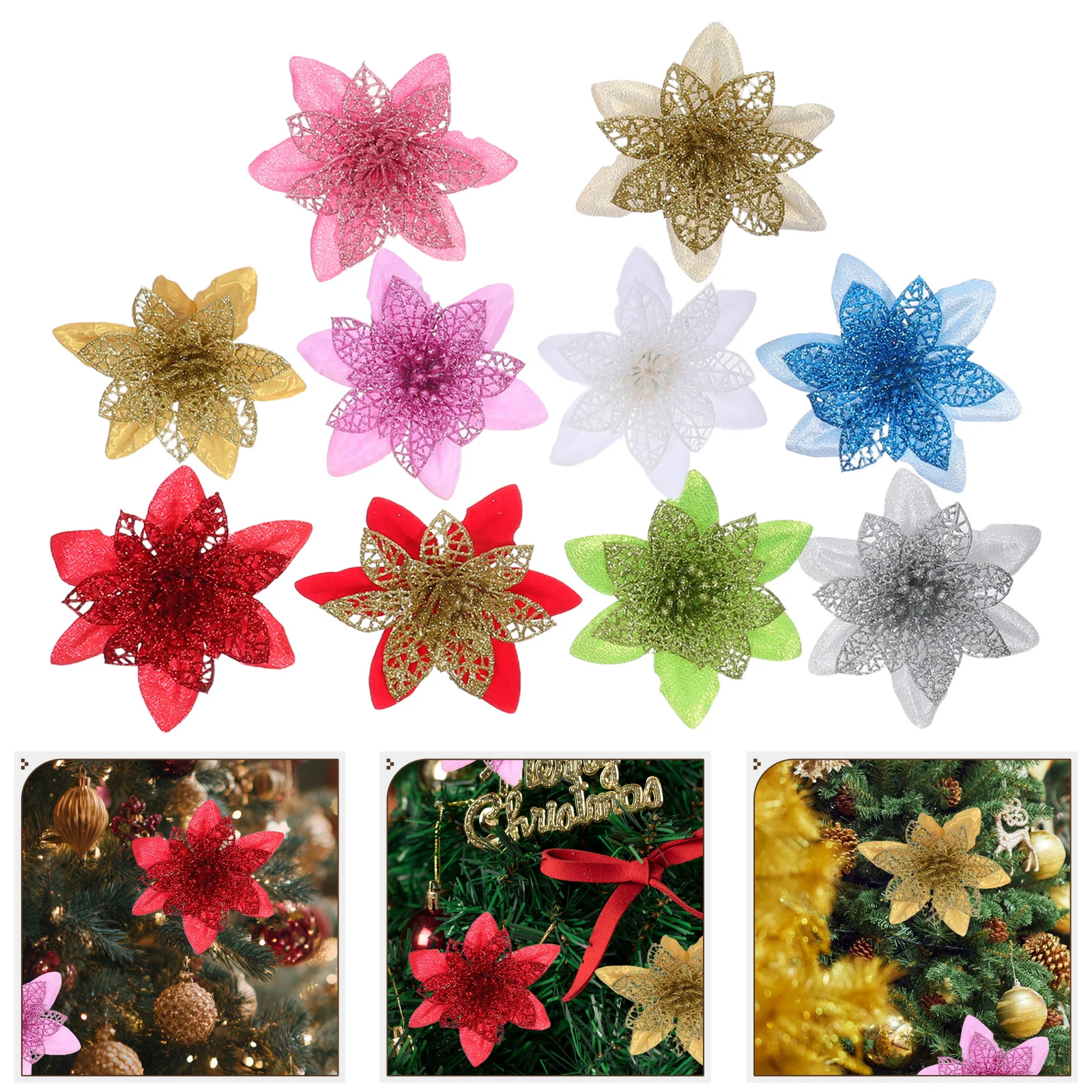 

20Pcs Artificial Xmas Flowers Realistic Poinsettia for Christmas Tree Wreath Decorative Flowers Ornament Flower for Tree