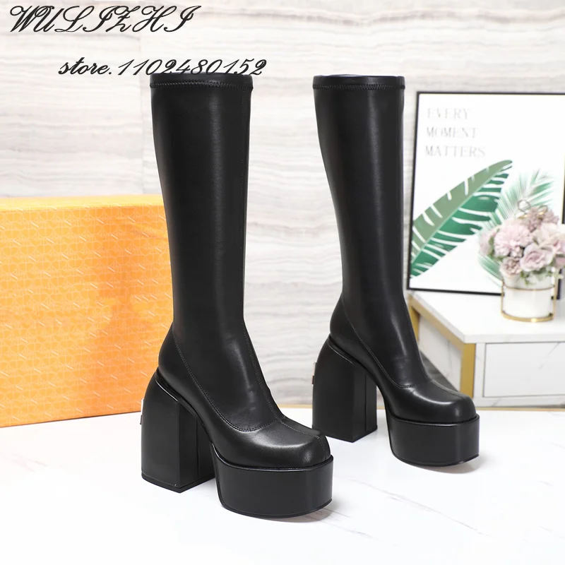 Black Matte Tight Knee Stretch Boots Women Platform Spring Dress Square Calf Booties Elegant White Mirror Shiny Leather Shoes