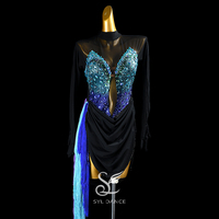 SYL black stretch mesh backless fringe sew-on stone crystal dancesport dress strass latin dance dress woman