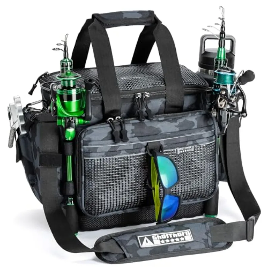 

Fishing Tackle Bag with Rod Holder Saltwater and Freshwater Resistant Tackle Box Bag - Waterproof Base, Adjustable Padded Shoul