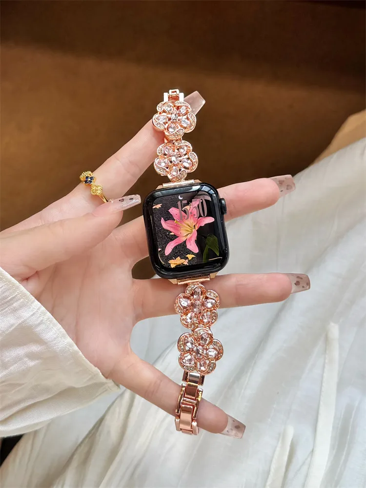 

Compatible with iWatch strap 38mm 40mm 41mm 42mm 44mm 45mm 49mm diamond studded metal flower fashionable strap