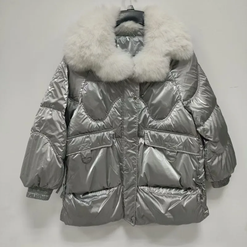 光沢のある大きなファーカラー2025厚手ジャケット冬用ショートパンツ保温ダウンジャケット新作ダックダウンおしゃれで甘いフレッシュなコートゆったり