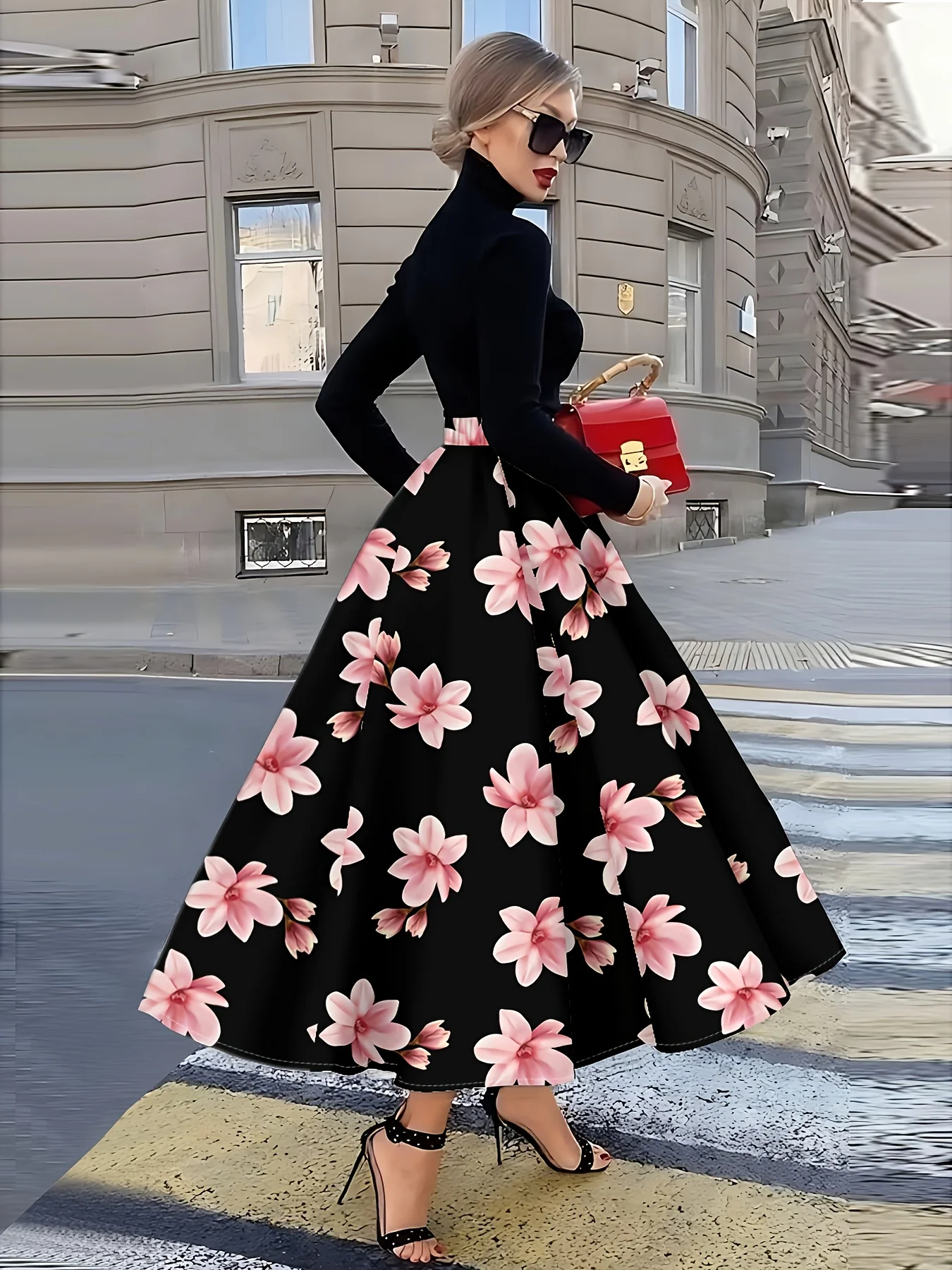 Printed Design All seasons Pink Floral Black Background Pattern resort style Half-length skirt