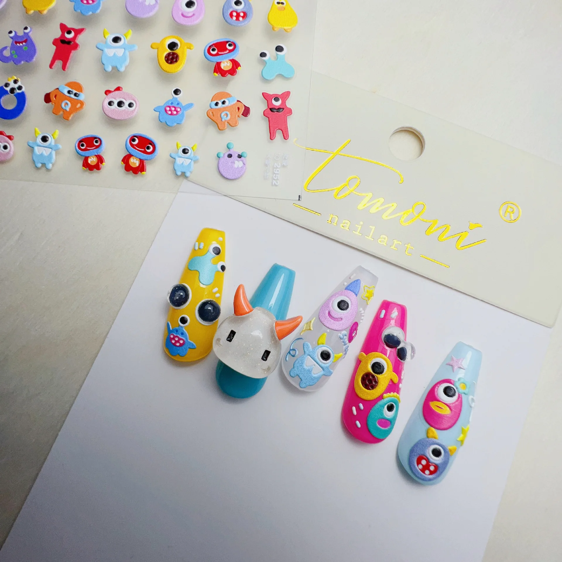 Nails Art Colorful Monster Love Heart Letter 5D Embossing Sticker Decals Self Adhesive Slider Wraps Manicure Decoration T-2952