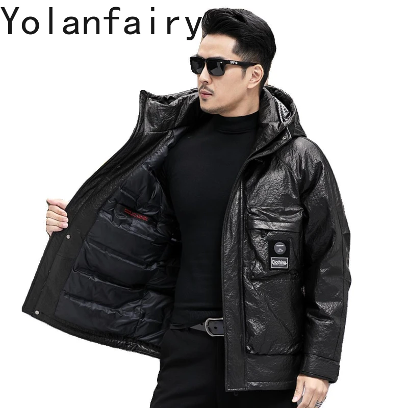 YOLANFAIRY Genuine Leather Cowhide Mens Jacket Fashion Casual Winter Hooded Down Coats Drop Shoulder Coat New Motorsiklet Montu