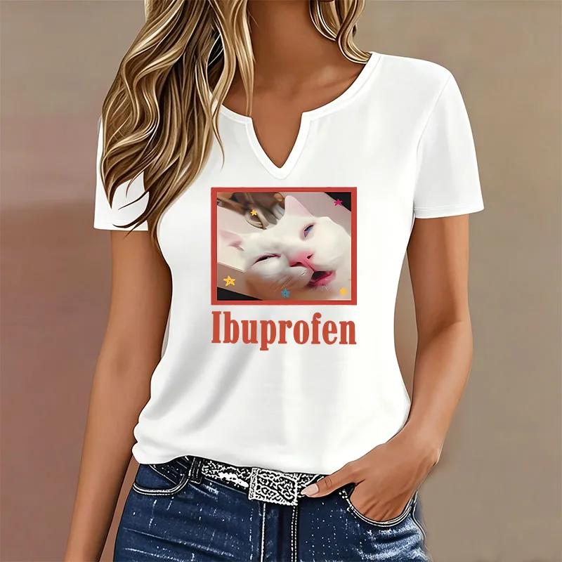Trendy Funny Ibuprofen Meme Cat Graphic T-shirt for Women V Neck Short Sleeve Casual Soft Tee Cute Kitten Meme T Shirt