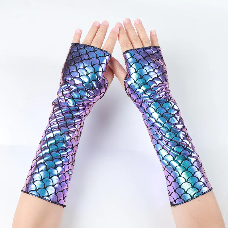 Fingerless Gloves Mermaid Scale Elastic Sun Protection Sleeves Halloween Costume Polyester Spandex Rainbow Medium Lightweight