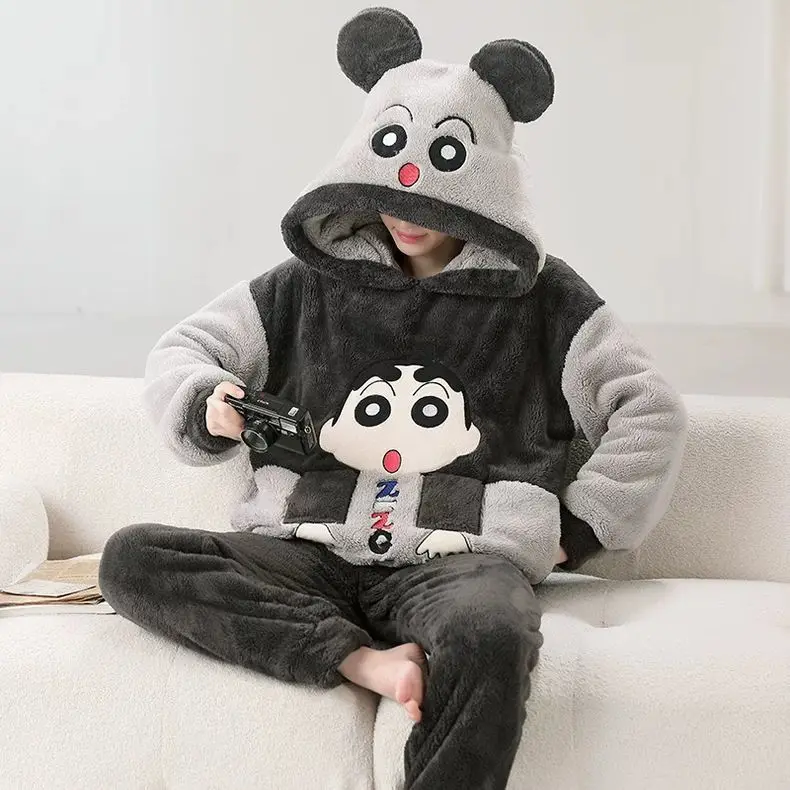 

Crayon Shin-Chan Unisex 3D Cartoon Ears Hooded Flannel Pajamas Set Warm Sleepwear Casual Anime Loungewearteens Adults Home Wear