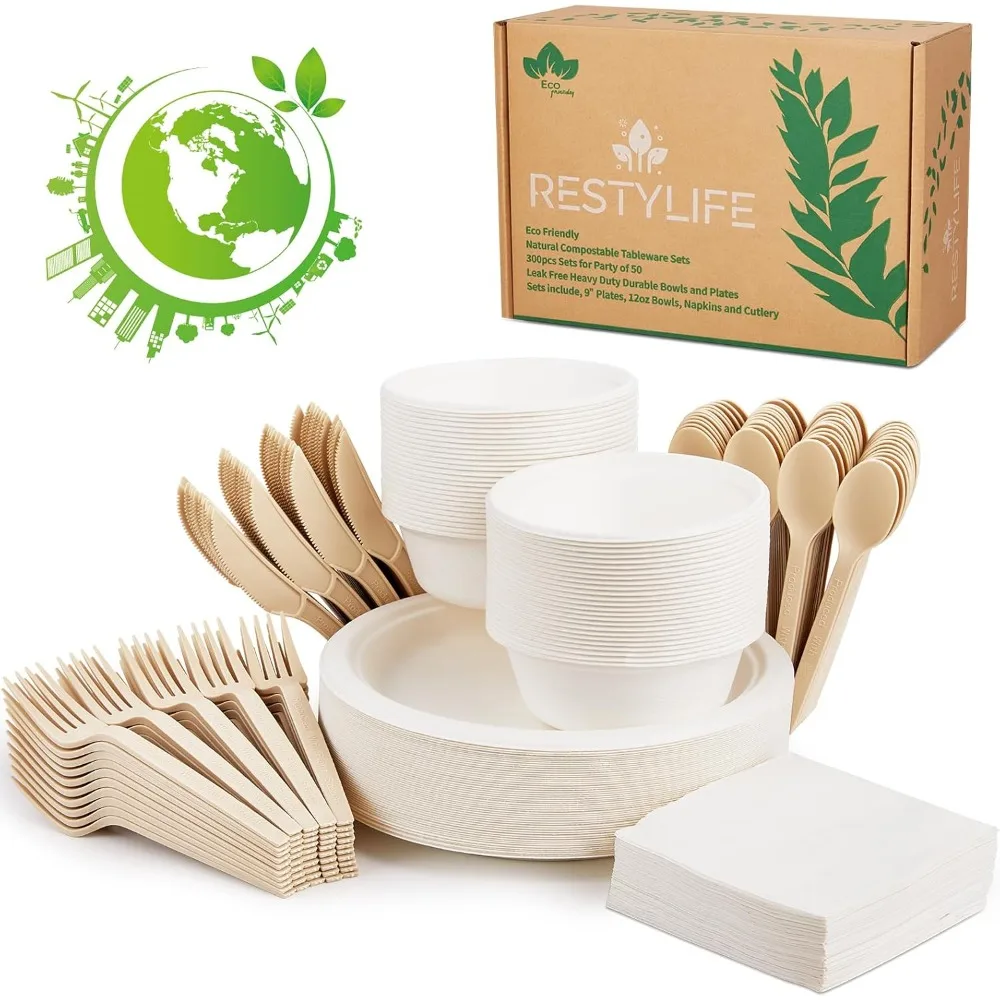 300pcs Compostable Paper Plates Set - Heavy-Duty Biodegradable Plates, Bowls & Cutlery - Ideal for Parties, Weddings, Picnics