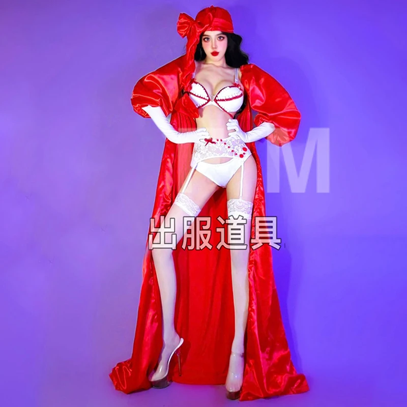 ドラッグクイーン衣装ゴーゴーダンス衣装ショー赤ロングコート白セクシーなビキニナイトクラブダンススーツフェスティバルステージ衣装 3082