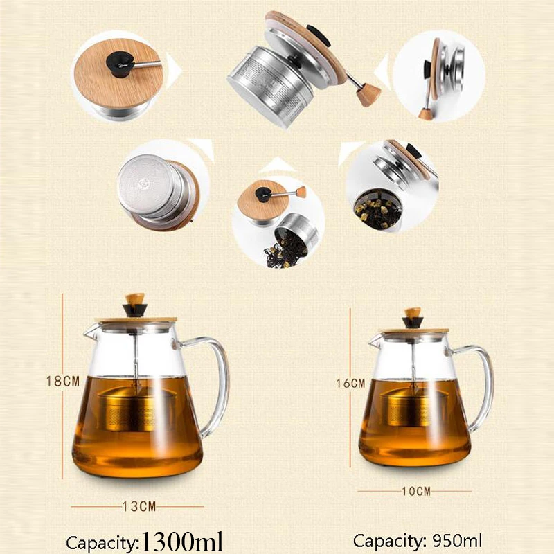 Stainless Steel Infuser Teapot Clear Borosilica Glass Filter Flower Tea Pot Heat Resistant Heated Container, Boiling Kettle Tool