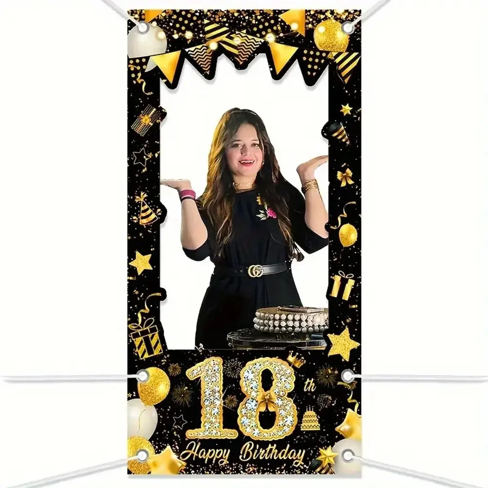 Bannière de cadre photo Joyeux Anniversaire Or et Noir pour 18e, 21e, 30e, 40e, 50e Anniversaire – Décorations de Fête Fabuleuses