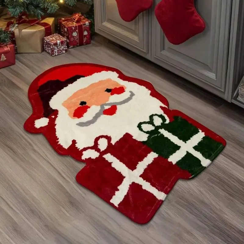VIKAMA Christmas Shaped Flannel Rug Santa Claus Gift Box Print Non Slip Mat For Living Room Bedroom Entry Xmas Home Decor