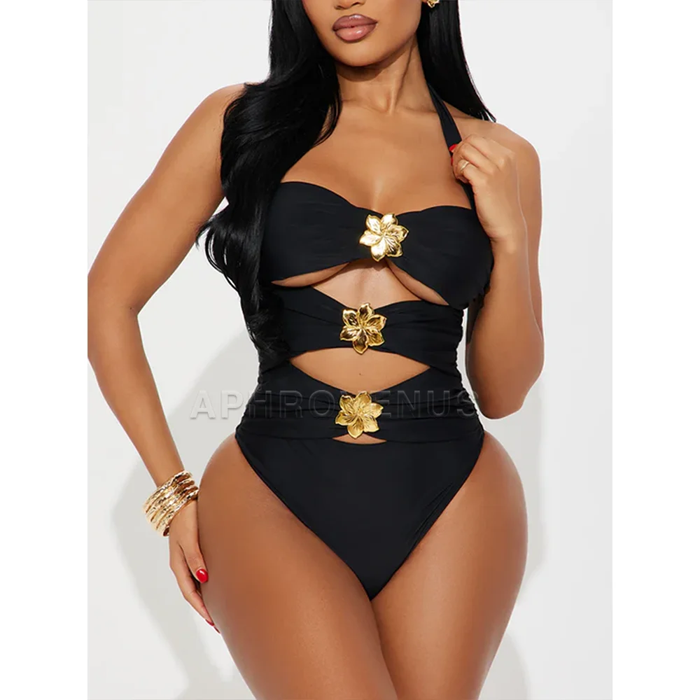 2Pcs/Set Black Halter One Piece Swimsuit with Skirt Cover Up Sexy Gold Flower Cutout Bathing Suit for Women Beachwear view 5