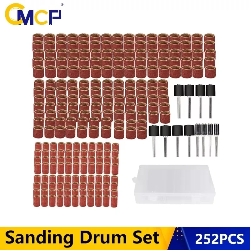 CMCP 252pcs Drum Sanding Kit 80 Grit Sanding Bands Sleeves Kit with Drum Mandrels for Dremel Nail Drill Rotary Abrasive Tools