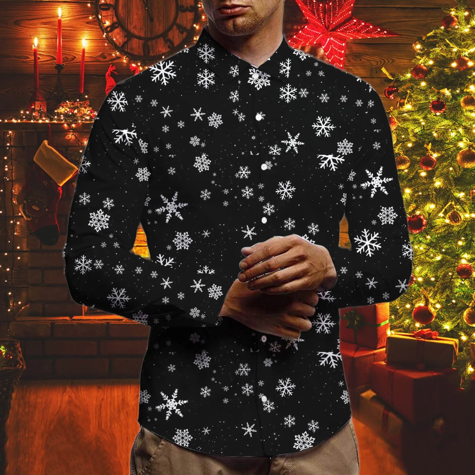 

Snowflake Graphic Shirts Christmas Navidad Blouses New Year Vacation Tops Holiday Hawaii Long Sleeve Party Camisas De Hombre