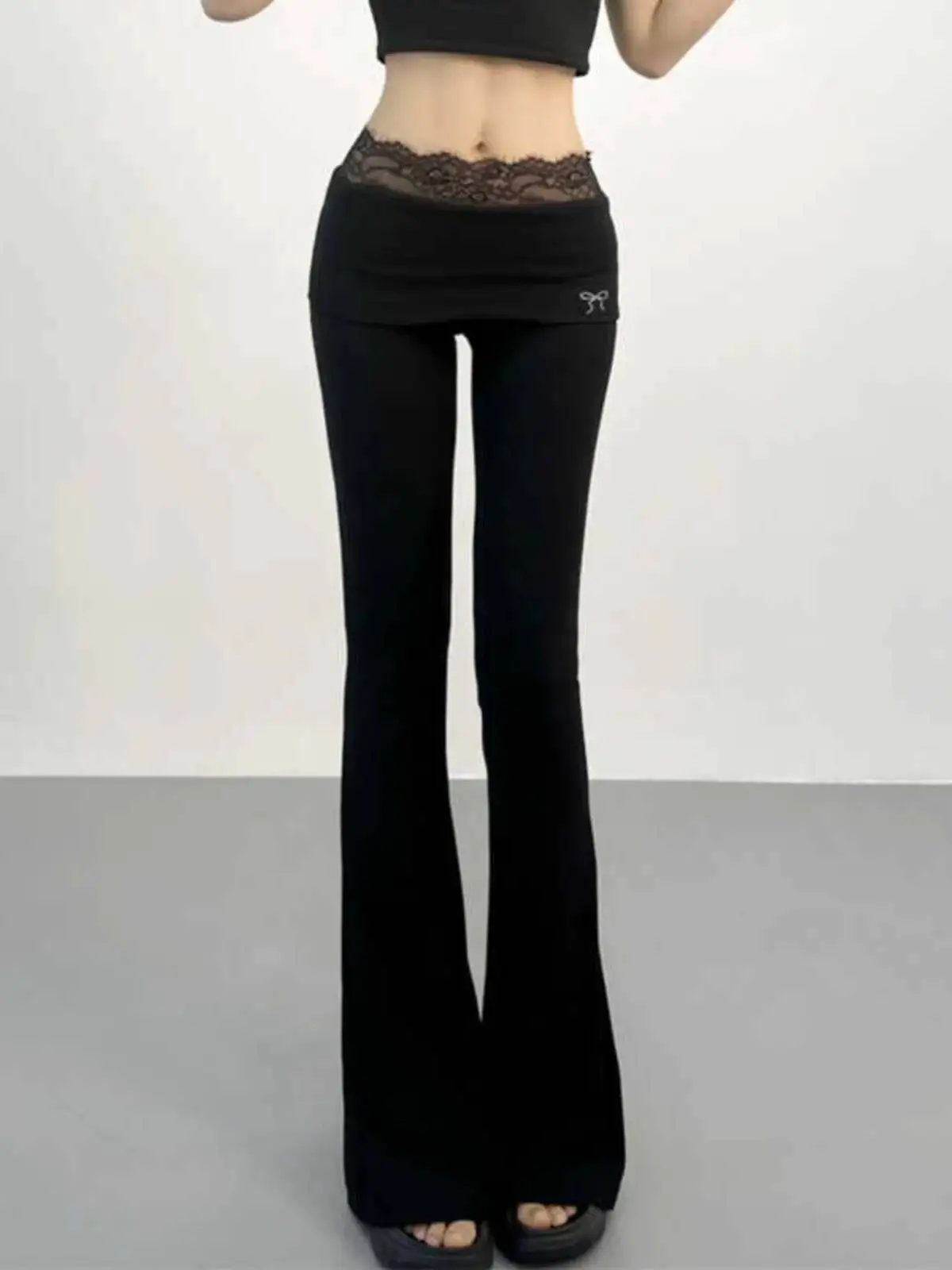 Sweet  Cool Style Lace Patchwork Micro Flared Pants Women's 2026 Summer New Style Rolled Edge High Waist Slim Long Pants 0XPD