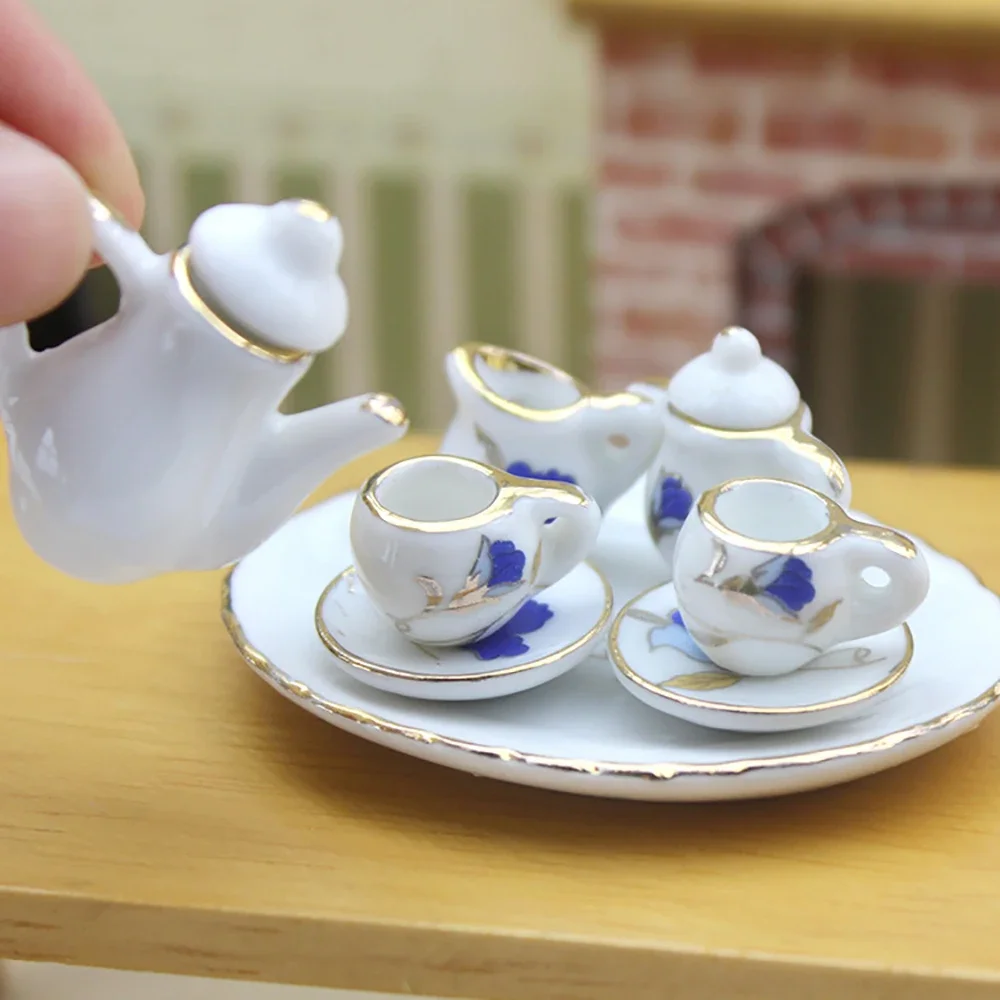 8Pcs 1/12 Dollhouse Accessories Mini Ceramic Tea Set Miniature Kettle Cup Plate Model for Doll House Home Decoration ob11 bjd
