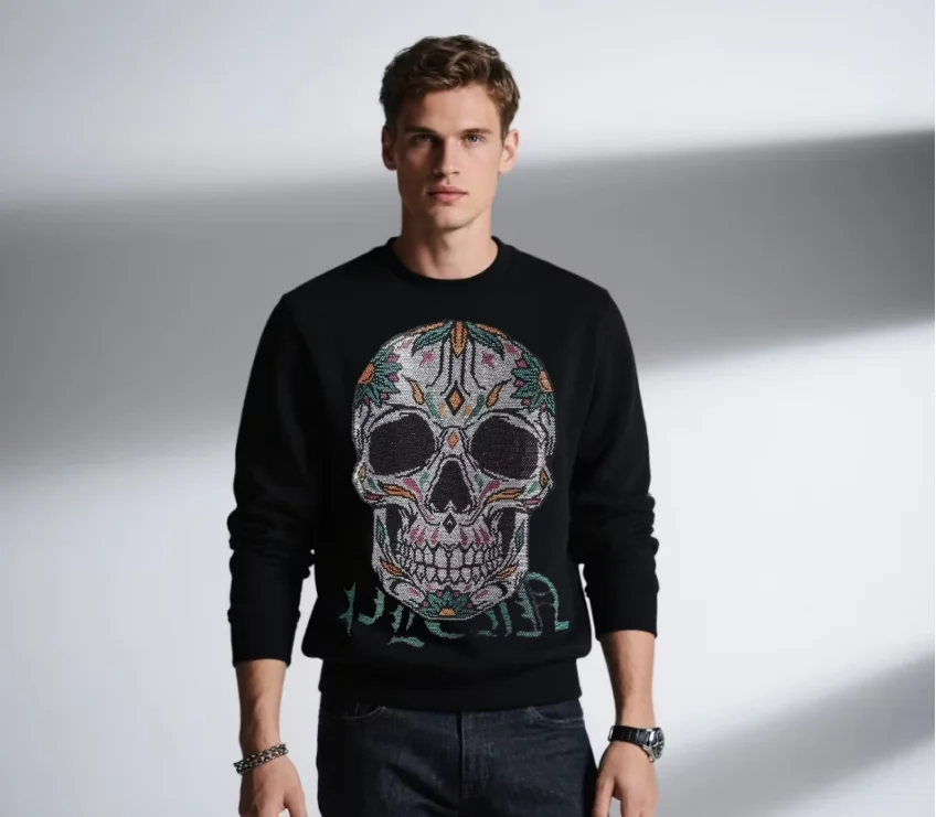 High Quality Brand Designer Men Rhinestone Sweatshirt Soft Cotton Long Sleeve Casual Fashionable Daily Wear Top with Sparkle Det