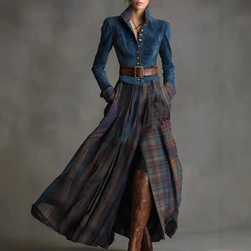 Nuovo Abito Lungo da Donna Autunno Inverno in Pelle Verde con Inserti in Velluto a Righe, Vita Alta con Bottoni