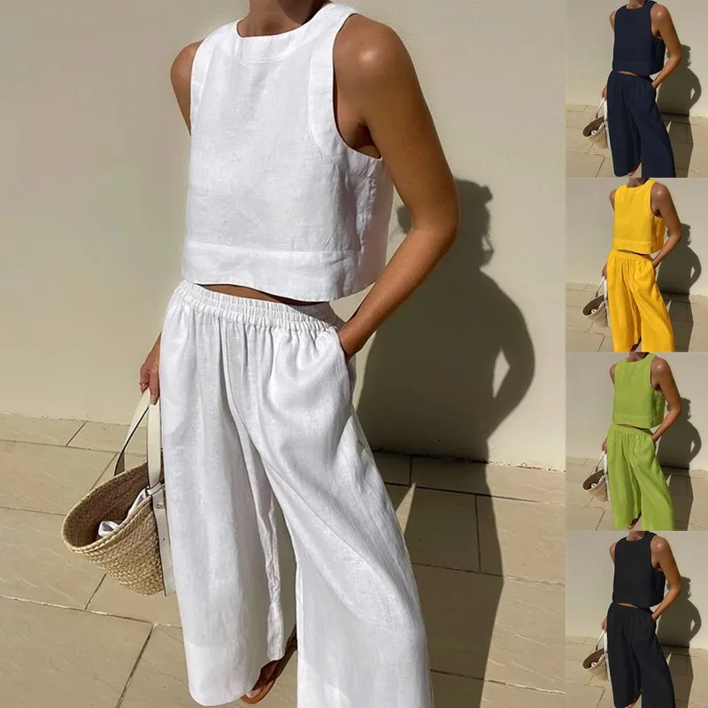 Fashion Solid Color Two Piece Set Women Casual Sleeveless Cropped Top And Loose Wide Leg Pants Sets Female Simple Style Suits