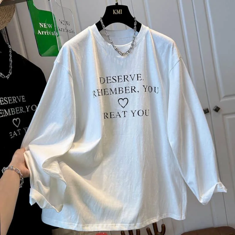 

Literary T-shirts for Women Autumn Print Design Oversized Casual Korean Style Long Sleeve O-neck Retro Aesthetic Clothes Trend
