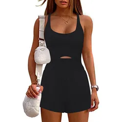 Summer New Women's Hollow Suspenders Sleeveless Solid Color Jumpsuit Shorts High Waist U-Neck Running Exercise Gym Clothes