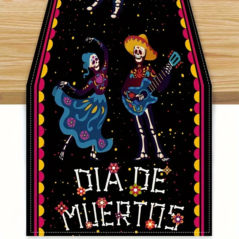 Mexican Day of The Dead Linen Table Runner Mexico Fiesta Party Decor Dia De Los Muertos Table Runners Kitchen Dining Table Decor