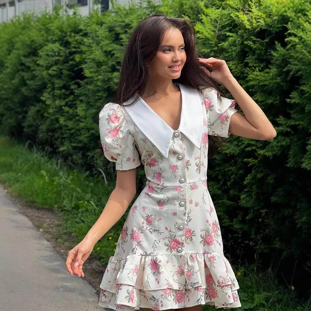 

V-Neck Bubble Sleeve Dress Floral Print Cinched Waist Short Skirt Hem Lace Trim Dress Cleanfit Style High Waist A-Line Skirt
