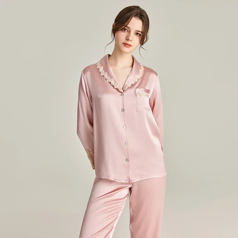 

Embroidery 100% Mulberry Silk Long-Sleeved Long Pants Pajama Suit Lapel Nightwear Women's Spring and Fall Pajamas Homewear Set
