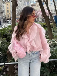 HH 2025 Spring Women Elegant V-Neck Blouse Single-Breasted Women Long Sleeves Laminated Decorative Solid 2-color Shirt
