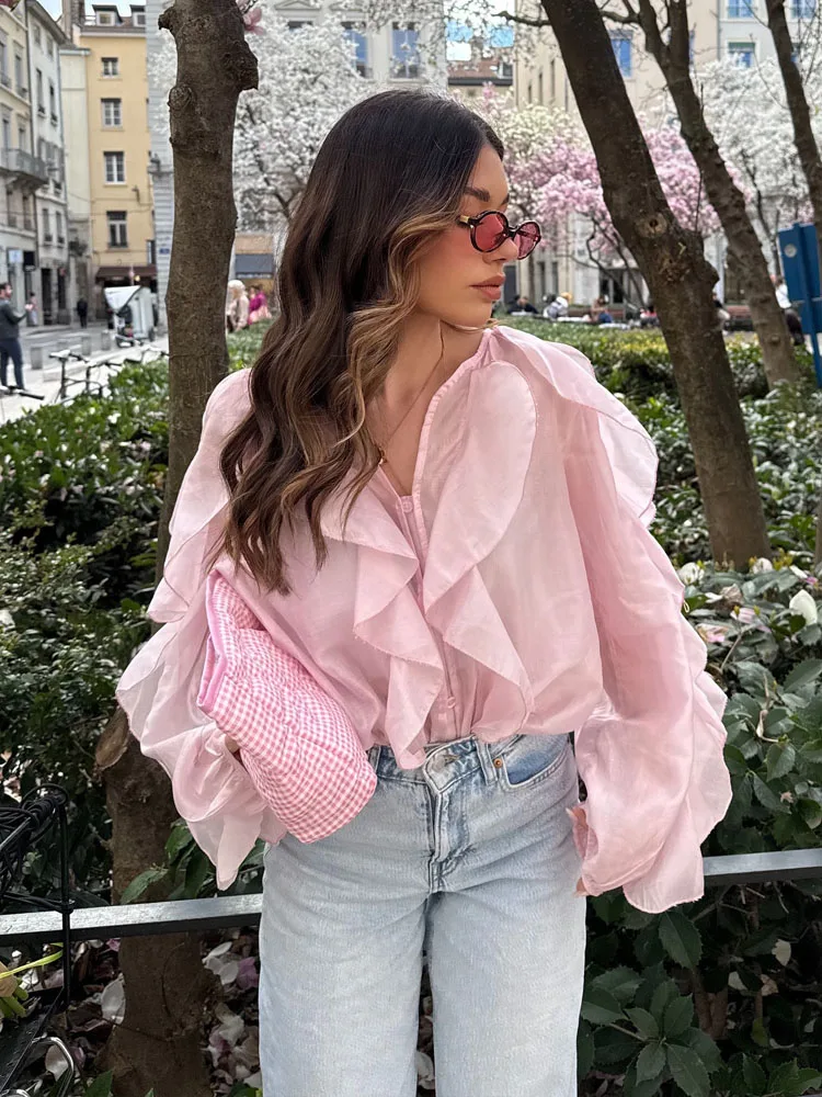HH 2025 Spring Women Elegant V-Neck Blouse Single-Breasted Women Long Sleeves Laminated Decorative Solid 2-color Shirt
