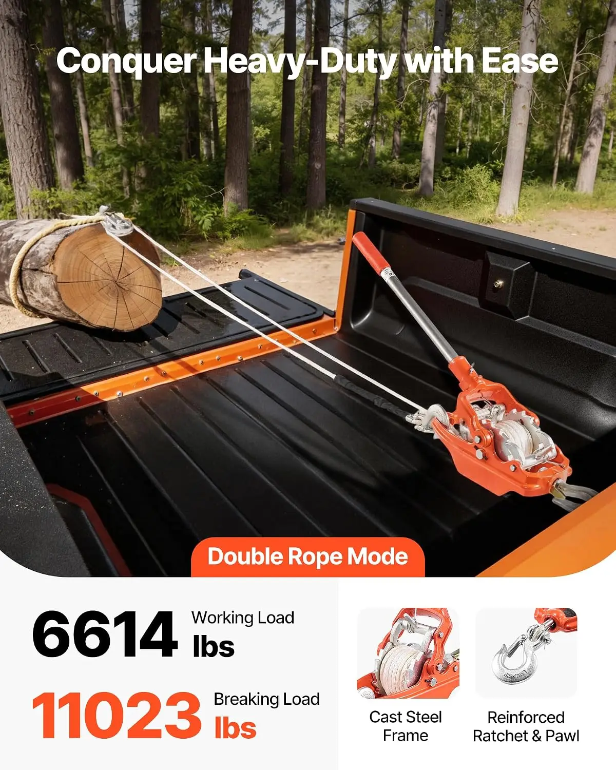 Rope Puller, 6614 lbs Pulling Capacity, Heavy Duty Ratchet Power Puller Tool with 35 ft of 0.3 in Diameter Rope & 2 Hooks, Come