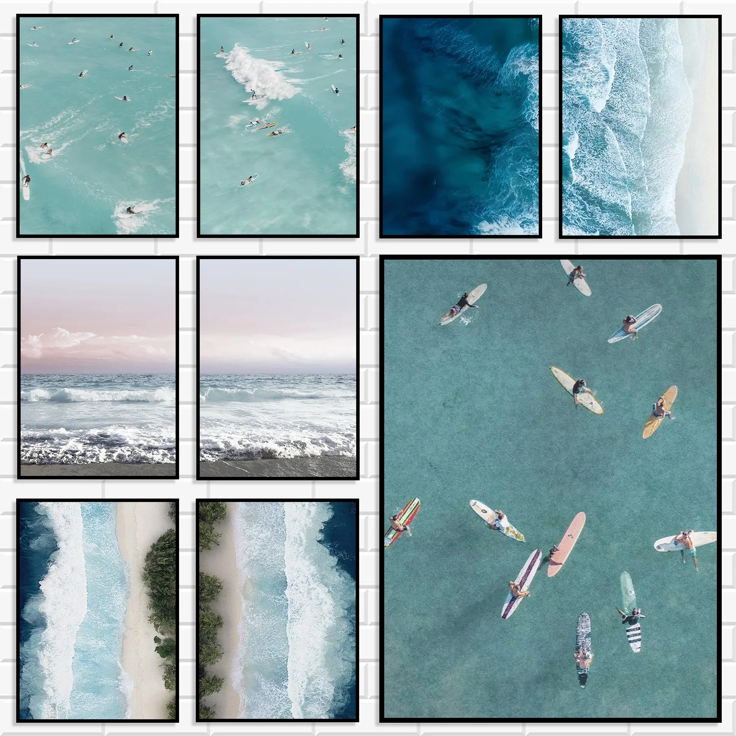 Modern Coastal Surfing Canvas Poster Aerial Shot Surfer Ocean Sea Wave Beach Landscape Wall Art for Home Interior Decoration