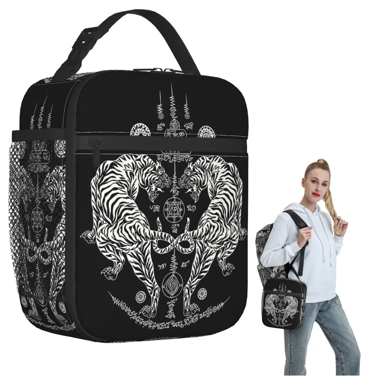 Twin Tiger Sak Yant Tattoo (26) Insulated Lunch Bag for Women Children Portable Food Boxes Thermal Lunch Box Tote